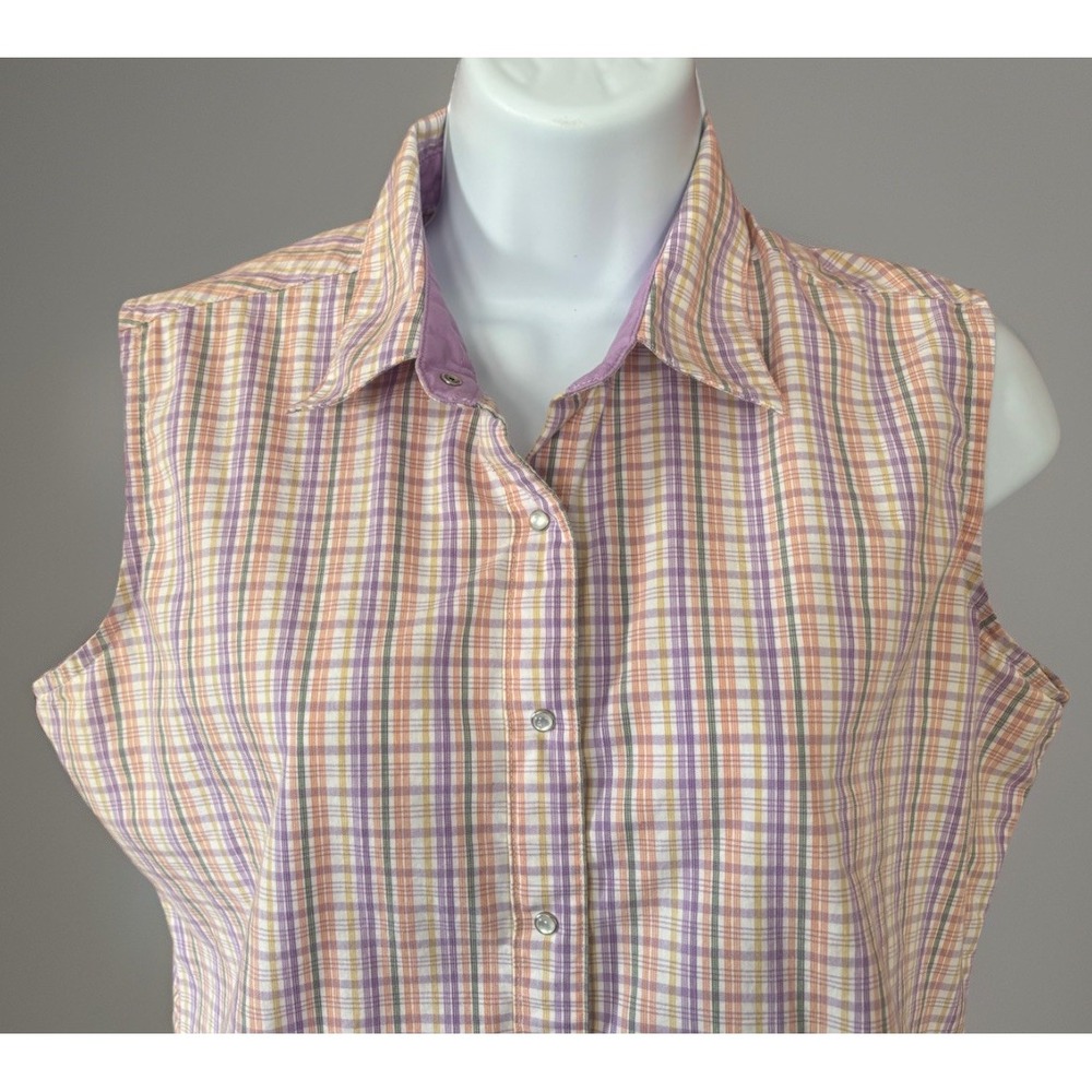 Wrangler Aura Womens M Sleeveless Shirt Top Pearl Snap Rodeo Purple Orange Plaid